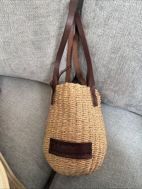 Woven Straw Bucket Bag with Brown Leather Straps